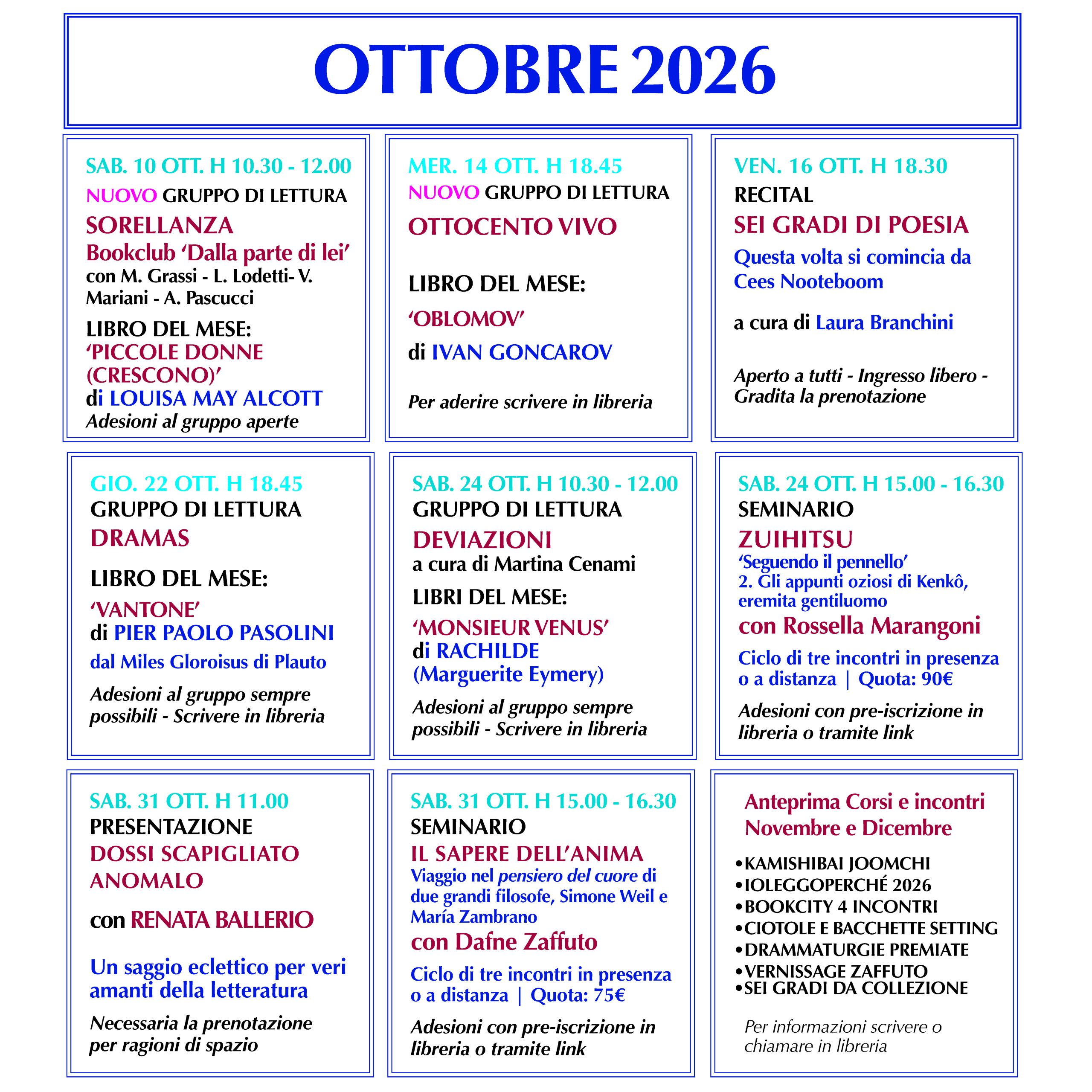 Calendario eventi Libreria degli Asinelli Ottobre 2026